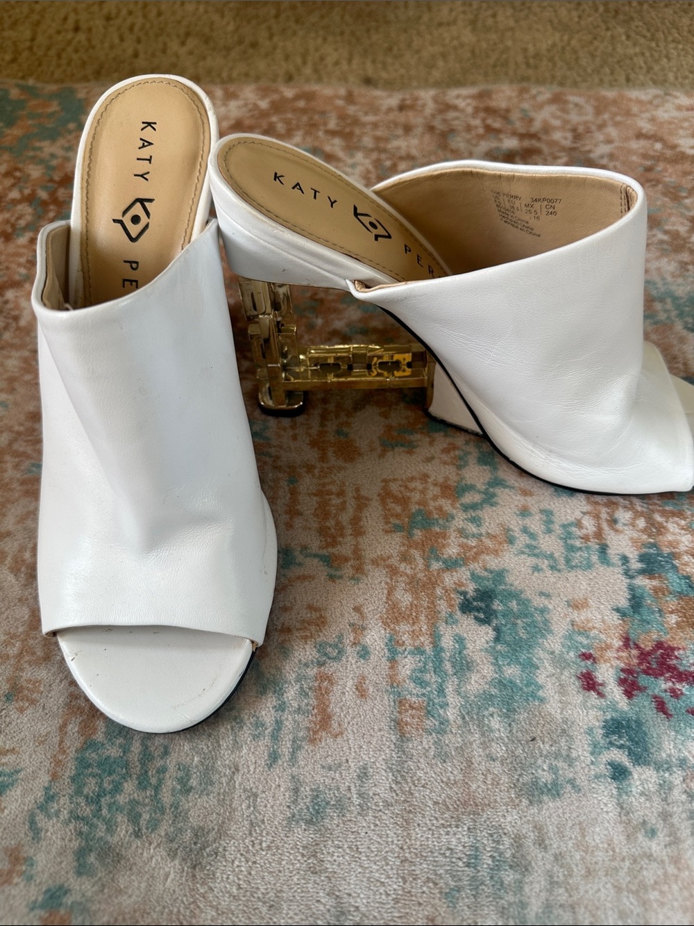 Katy Perry Collections White Leather Open-Toe Mule Sandals with Gold Accent Heel